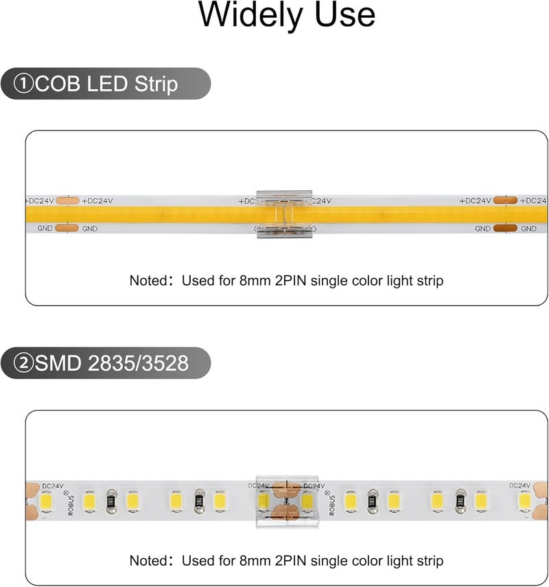 Tatazone 10pcs 2PIN Transparent COB Connectors for Single Color COB Light Strips Solerless Connection (0.31(10mm)-2PIN-FCOB) with 6pcs 15cm Long Wires - Image 4